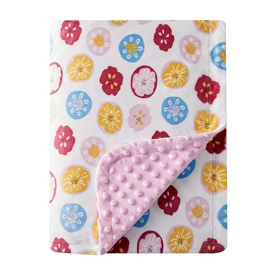 DaysU Silky Micro Soft Plush Baby Blankets for Girls with Print Floral Pattern and Soothing Raised Dots, Double Layer Bed Throws for Baby Crib, Flower, Pink, 30x40 Inches