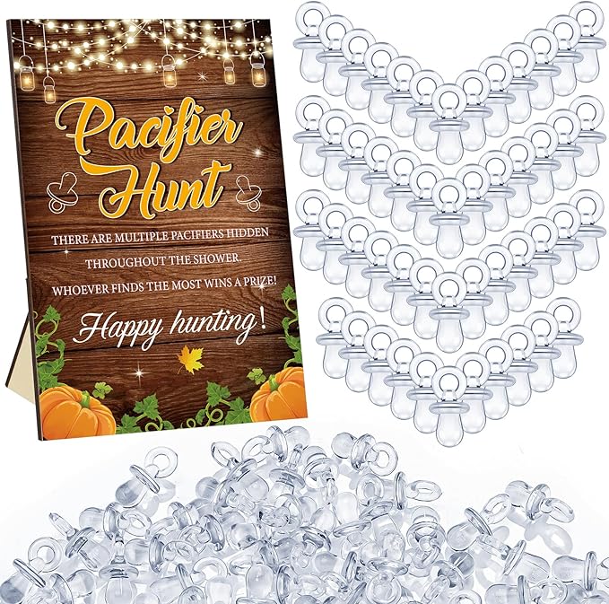 Thyle 51 Pcs Pacifier Hunt Baby Shower Games Include Hunt Sign and 50 Acrylic Pacifiers for Baby Shower Game Decoration Gift Sets Gender Reveal Party Decor(Fall Pumpkin)