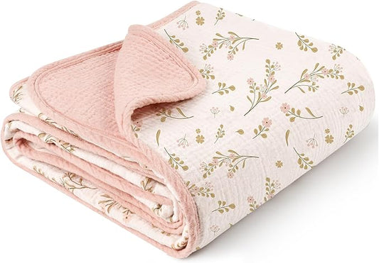 Konssy Muslin Baby Blankets for Girls Boys, 100% Cotton Crib Blanket for Infant Toddler, Super Soft and Lightweight Nursery Swaddling Wrap 40"x36" (Floral)