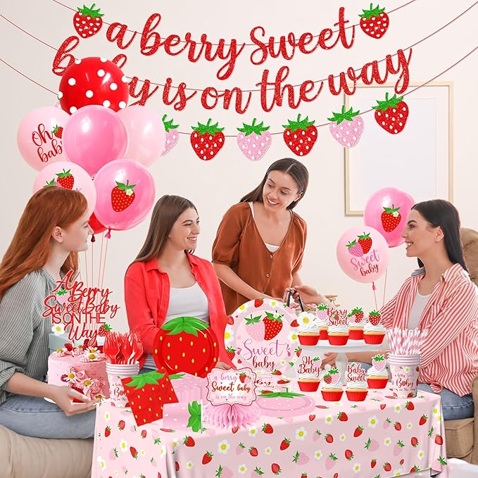 Strawberry Baby Shower Decorations for Girls, 190Pcs A Berry Sweet Baby is on the Way Party Supplies with Plates, Napkins, Cups, Banner, Tablecloth, Balloons, Cake Toppers, Honeycombs Serve 24