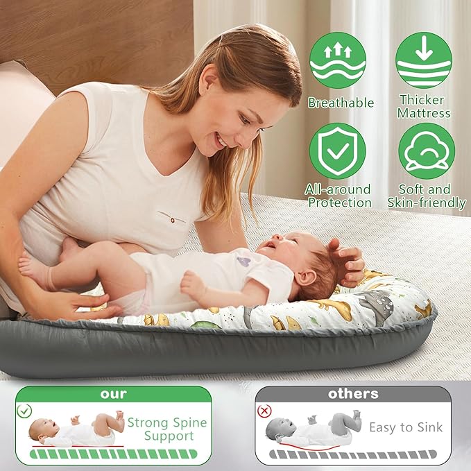 Baby Lounger for Newborn 0-24 Months, Baby Nest Cover Breathable and Soft Cotton, Infant Lounger with U-Shaped Safety Bumper for Cozy Comfort Essentials (Dinosuars)