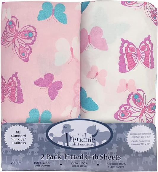 Crib Sheets 2 Pack, 100% Woven Cotton, Fitted Mattress Covers, Fits Standard Size Toddler Bed 28 x 52 x 8in, Butterfly
