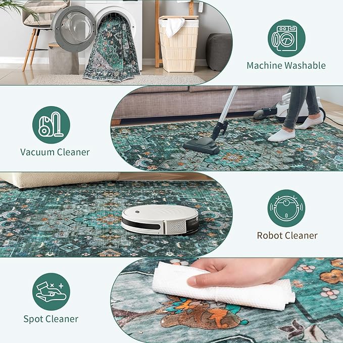 Ciicool Washable Runner Rug Nonslip, 2'x6' Teal Hallway Rug Non-Slip Vintage Kitchen Rugs Carpet Runner for Bedroom Laundry Bathroom Decor