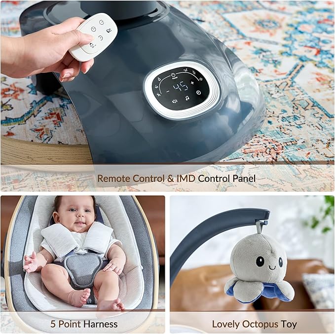 Electric Baby Swing Newborn for Infants with 5 Speeds, Multi Motion 3D Baby Rocker for Girl Boy Swingset Indoor with 13 Melodies Music, Remote Control, Dark Gray