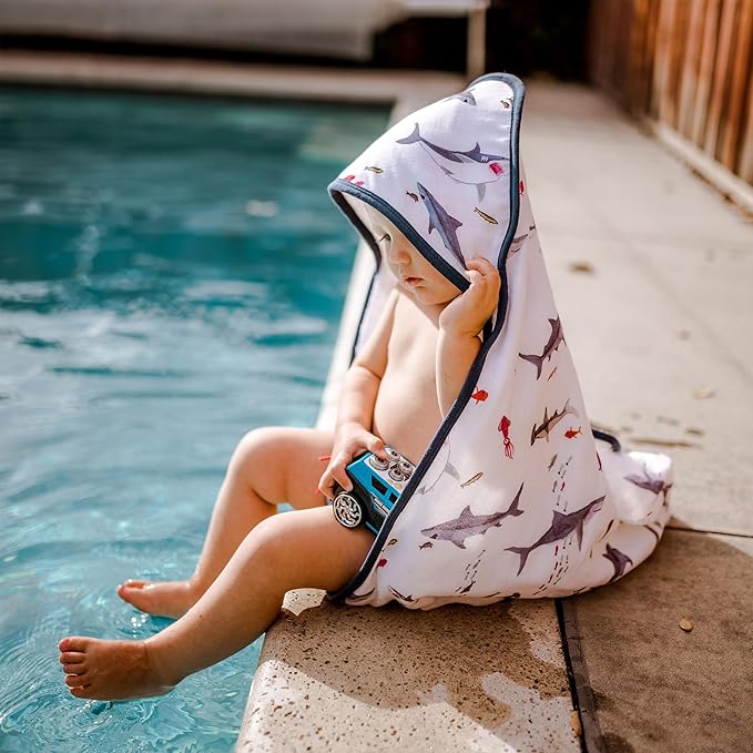 Little Unicorn Premium Hooded Bath Towel| Absorbent Cotton & Terry Blend | Larger Size, 1-6 Years (Shark)