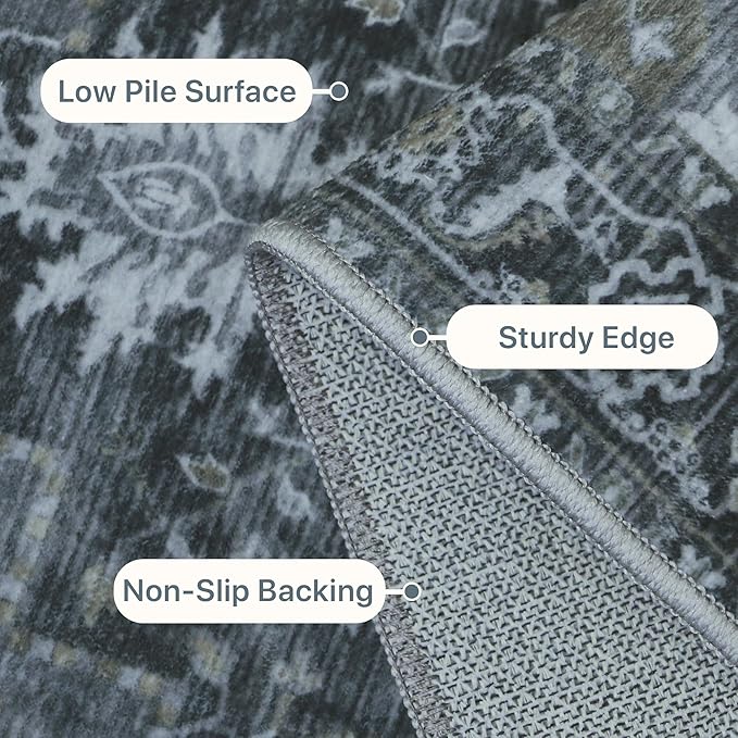 GENIMO 2'6''x12 Runner Rugs for Hallway, Machine Washable Non Slip Vintage Rugs, Low Pile Lightweight Soft Print Rug for enrtyway, Corridor, Home Office, Kitchen,Dark Gray