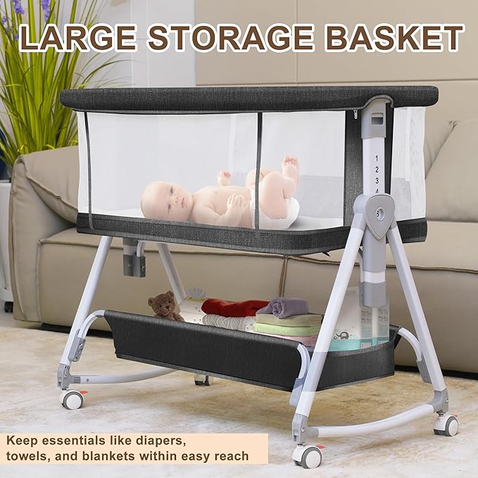 Baby Bassinet Bedside Crib, 3 in 1 Baby Bassinet Bedside Sleeper with Musical Toy, Adjustable Portable Crib All Mesh Bedside Bassinet with Storage Basket, Black