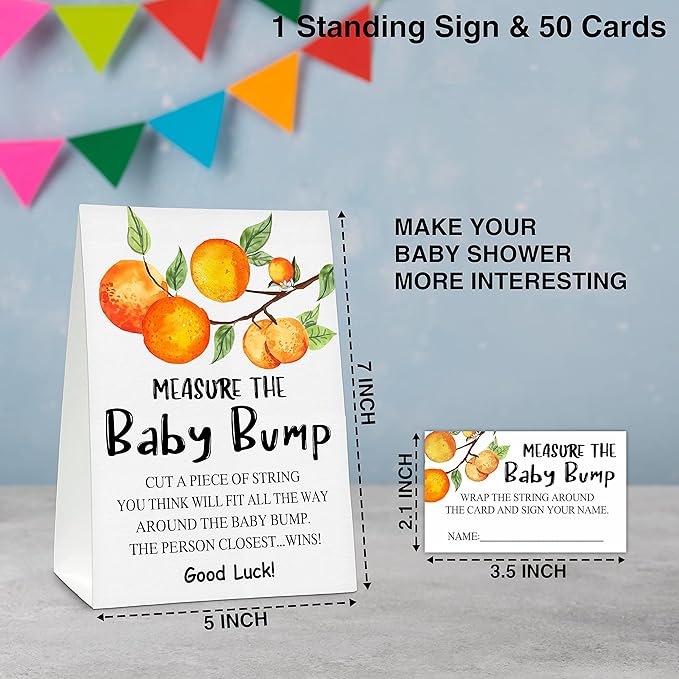 Measure the Baby Bump Baby Shower Game Set, 1 Standing Sign with 50 Guessing Cards, Little Cutie Gender Reveal Party Decorations Supplies - B07