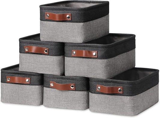 HNZIGE Small Storage Baskets Fabric Bins(6-Pack)Baskets for Shelves, Empty Gift baskets with Leather Handles,Folable Baskets for organizing Clothes, Toys, Books, Gifts(Black&Gray,11.8" x 7.8" x 5.1")