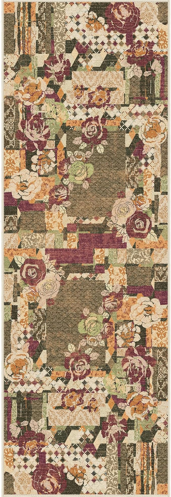 GENIMO Floral Runner Rug 2X6, Machine Washable Non Slip Vintage Patchwork Hallway Runner, Ultra-Thin Low Pile Runners for Indoor Entryway, Hallway, Kitchen and Corridor, Auburn Cinnamon