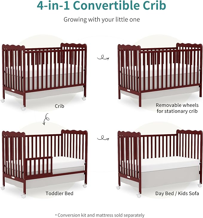 4 in 1 Convertible Baby Crib, Wooden Nursery Cribs Converts into Toddler Bed and Daybed, 3 Adjustable Base, Non-Toxic Finishes, Removable Wheels (Cherry)
