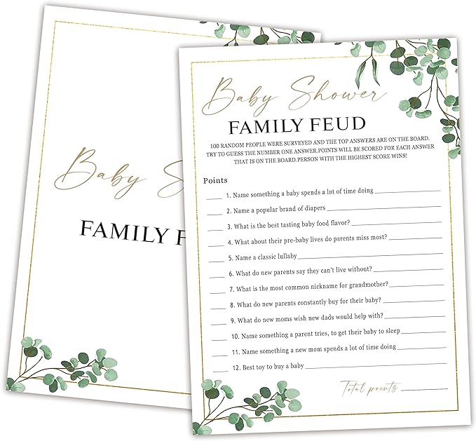 Baby Shower Family Feud Game - Pack of 30 Game Cards 1 Answer Key, Greenery Baby Shower Game for Boy & Girl, Baby Shower Decorations, Baby Feud Game Supplies-04