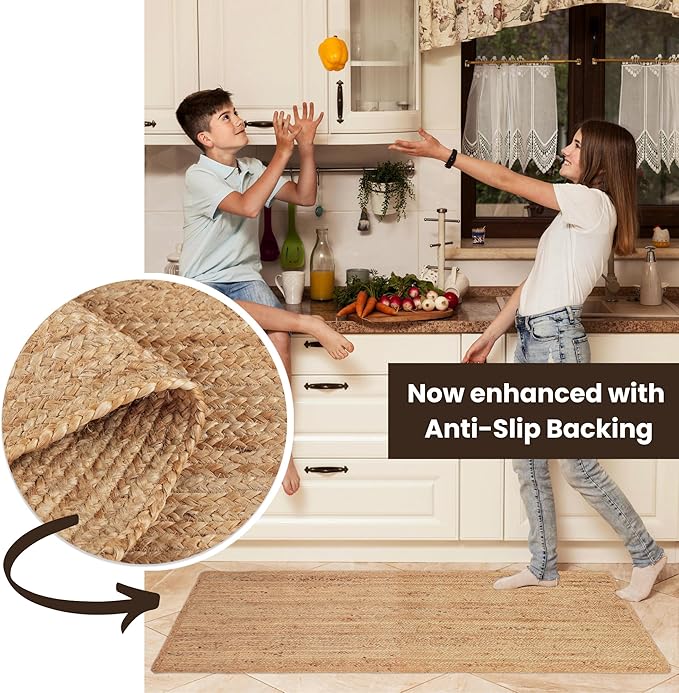 REDEARTH · Area Runner Rug - 2'x6' Braided Natural Jute with Non-Skid Backing - Handwoven Rectangular Boho Rug for Bedroom, Kitchen, Living Room - Farmhouse Aesthetic Home Decor - Handmade Carpet