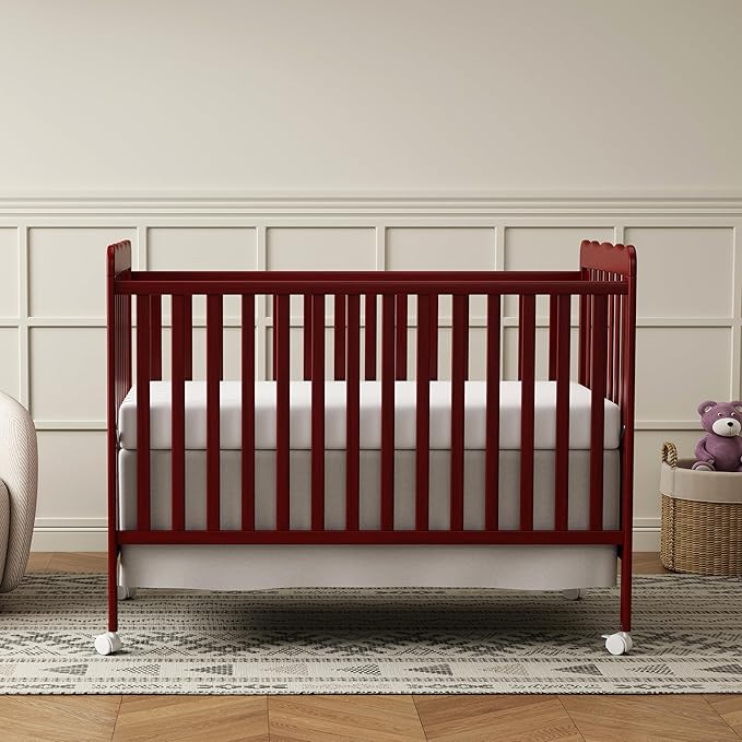 4 in 1 Convertible Baby Crib, Wooden Nursery Cribs Converts into Toddler Bed and Daybed, 3 Adjustable Base, Non-Toxic Finishes, Removable Wheels (Cherry)