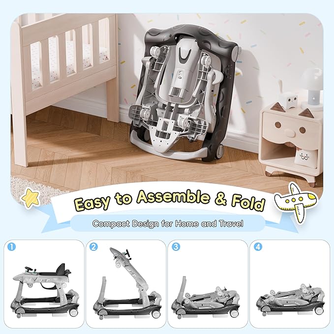 Xilingol 6-in-1 Baby Walker with Wheels, Adjustable Height & Speed Activity Walker with Padded Seat, Foldable Walker for Babies, Toddler Push Walkers for Boy & Girl 6-18 Months, Music & Light