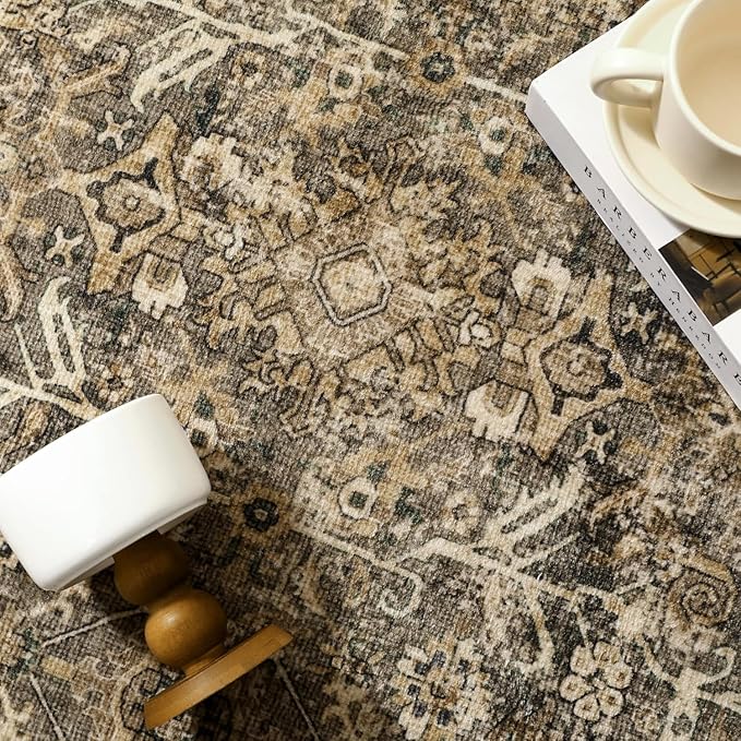 Vintage Area Rug 4x5 Brown Entryway Office Washable Carpet Non Slip Bedroom Indoor Living Room Door Mat Low Pile Traditional Distressed Retro Accent Rug for Dining Room Bathroom Kitchen