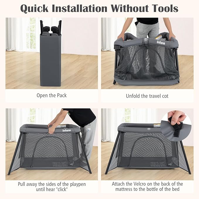 INFANS Travel Crib, Portable Baby Playpen with Removable Bassinet Soft Mattress Carry Bag, Foldable Lightweight Playard Nursery Center for Newborns Toddlers (Dark Gray)