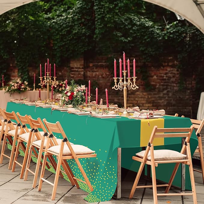 8Pack Disposable Plastic Party Tablecloths and Satin Table Runner Set Green and Gold Dot Table Cloth Gold Satin Table Runner for Wedding Birthday Baby Shower Anniversary Holiday Party Decorations