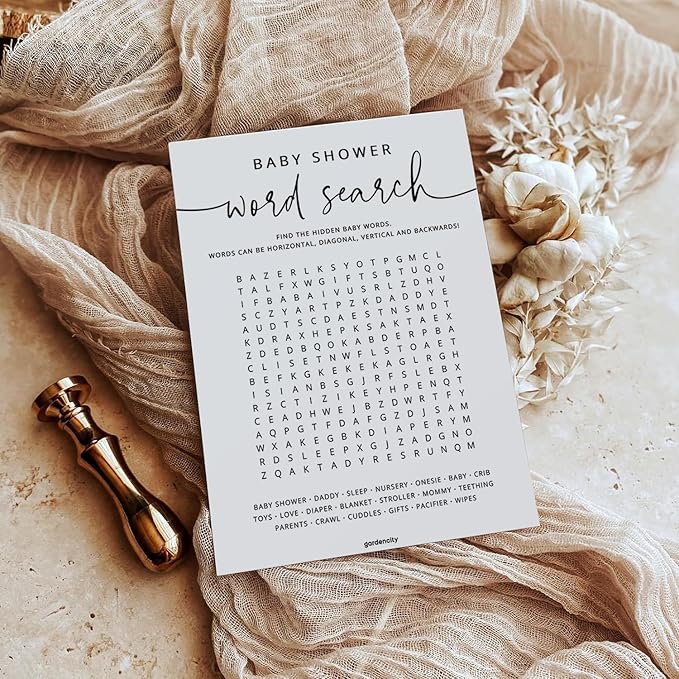 GardenCity 50 Baby Shower Word Search Game Cards, Fun Baby Shower Games for Boy or Girl, Gender Neutral - Minimalist