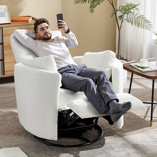 Swivel Rocker Recliner Chair, Manual Nursery Rocking Chair Upholstered Adult Rocking Chair with 2 Pillows for Living Room Bedroom (White, Manual Operation)