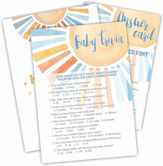 Baby Trivia Game Set - Retro Sunshine Theme Baby Shower Party Activities - Watercolor Sun Baby Shower Game Kit, Gender Reveal, Baby Announcement Party Favor & Supplies - A06