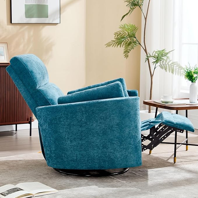 Recliner 360°Swivel Glider Rocking Chair Nursery Multifunction Living Room Bedroom Adult Rocking Chair with 2 Pillows(Blue, Manual Operation)