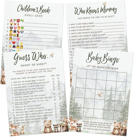 Printed Party Woodland Baby Shower Games for Boy – Set of 4 Games for 30 Guests, Forest Animal Theme, Includes Bingo, Mommy Trivia, Emoji Storybook, and Guess Who