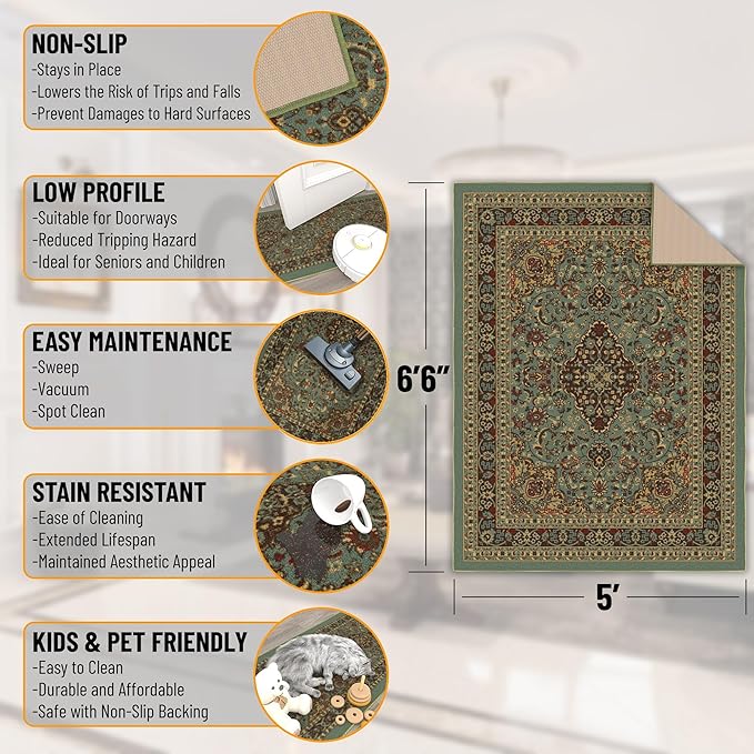 Ottomanson 5' x 6'6" Rugs for Living Room Oriental Area Rug for Bedroom - Non Slip Durable Large Floor Carpet for High Traffic Areas - Indoor Rug for Dining Room Kitchen Kids Playroom, Seafoam Green