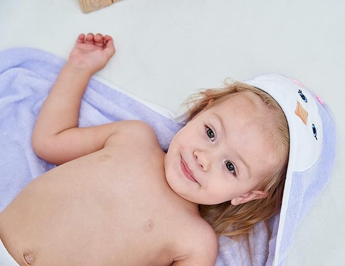 HIPHOP PANDA Hooded Towel - Rayon Made from Bamboo, Bath Towel with Bear Ears for Newborn, Babie, Toddler, Infant - Absorbent Large Baby Towel - Purple Penguin, 30 x 30 Inch