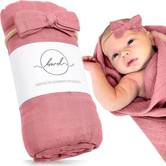 BWD Baby Swaddle Blanket – Ultra-Soft Bamboo Viscose & Organic Cotton Muslin – Lightweight, Breathable, Stretchy – Newborn Essential 47" (Rosewood)