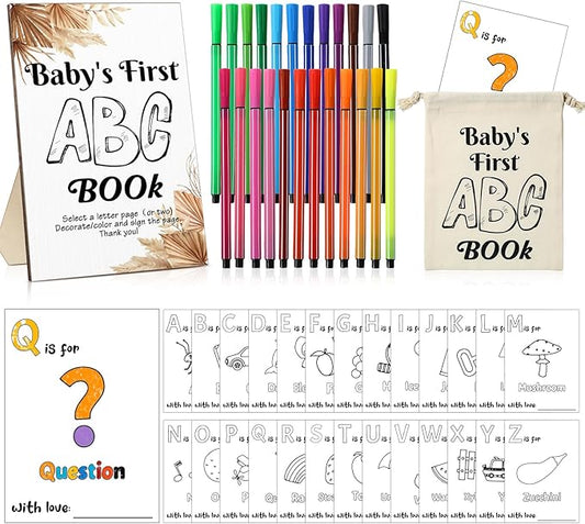 Geelin 51 Pcs Fun Baby Shower Game Activities First Abc Book Sign Coloring Game Card 26 Alphabet a to Z Coloring Card with 24 Watercolor Pen Storage Bag for Baby Shower Party(Boho)