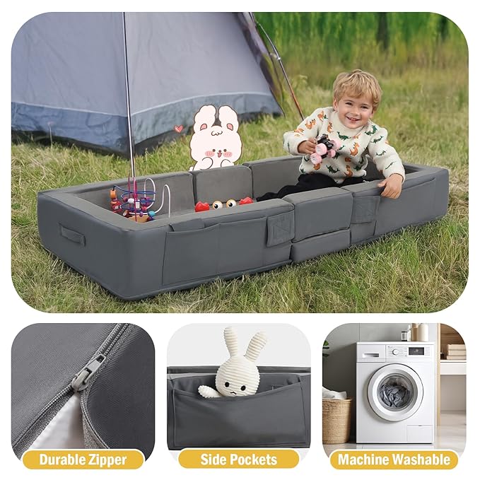 ENITYA Toddler Travel Bed, Folding Floor Cot for Travel, Portable Kids Bed for Sleeping, Washable Toddler Cot for Children 18M – 4yr Old, Grey