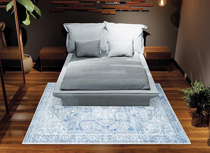 Bloom Rugs Washable Non-Slip 3' x 5' Rug - Blue/Gray Traditional Area Rug for Living Room, Bedroom, Dining Room, and Kitchen - Exact Size: 3' x 5'