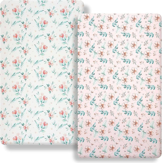 Pack n Play Flat Sheet 2 Piece Mini Crib Sheet Elastic Playard Sheet Set Portable Sheet Set Elastic Convertible Playmat Compatible Graco Pack n Play (Owl and Tree Bag) (Pink Flowers)