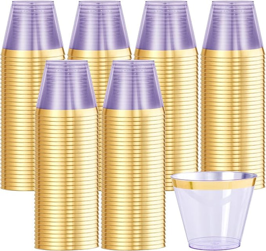 supernal 100 Pack Purple Plastic Cups, 9 Oz Clear Purple Disposable Cups with Gold Rimmed - Plastic Wine/Cocktail Glasses, Disposable Bridal/Shower Baby Shower Cup Perfect for Party & Wedding