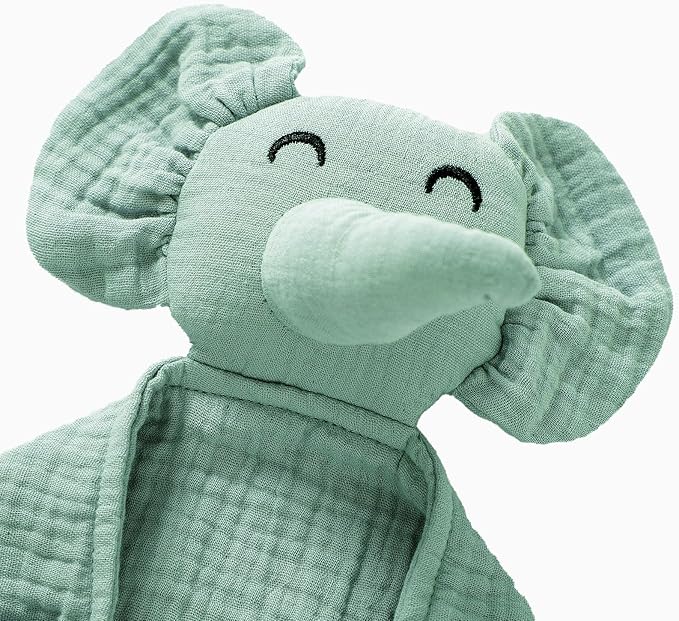 Organic Elephant Lovey for Babies - Muslin Security Blanket, Soft Snuggle Animal for Newborn - Gift for Boys and Girls (Green)