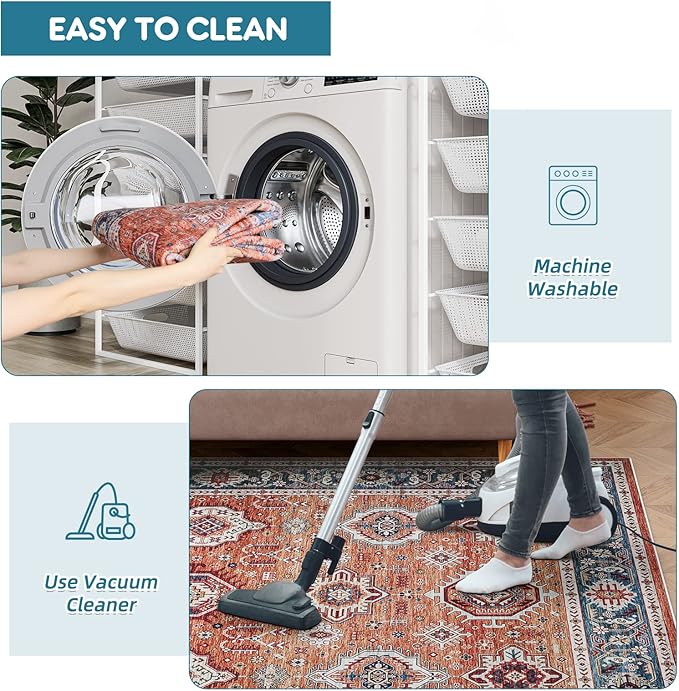 Dripex Washable Area Rug 6x9 Rug Stain & Water Resistant Foldable Thin Vintage Rugs Faux Wool Floor Carpet for Living Room Bedroom Dining Room Kitchen Bathroom Farmhouse Office