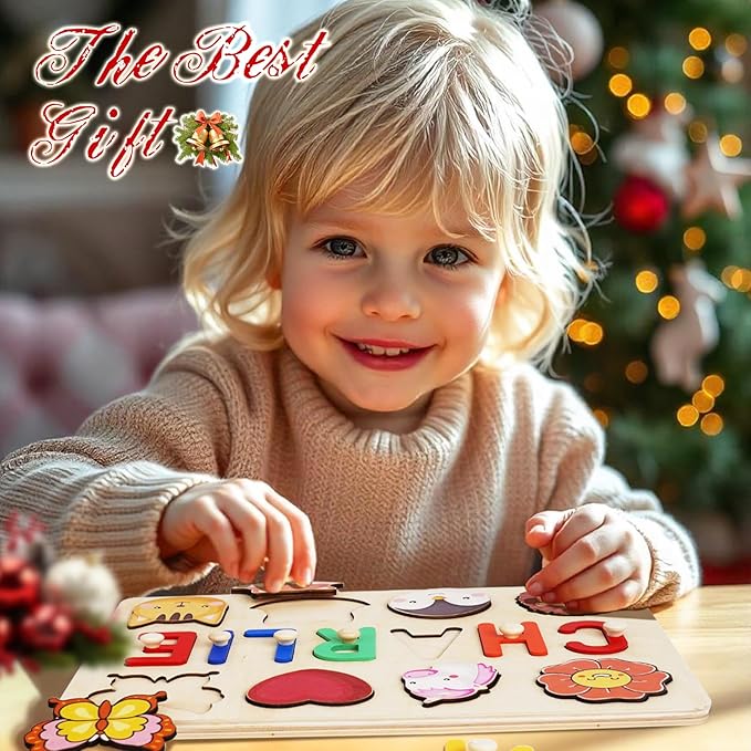 Personalized Wooden Name Puzzle for Toddlers 1-3 - Custom Baby Sensory Toy Easter Basket Stuffers - Early Learning Educational Toys for 1 Year Old Girl - 1st Birthday Gifts for Girl and Boy