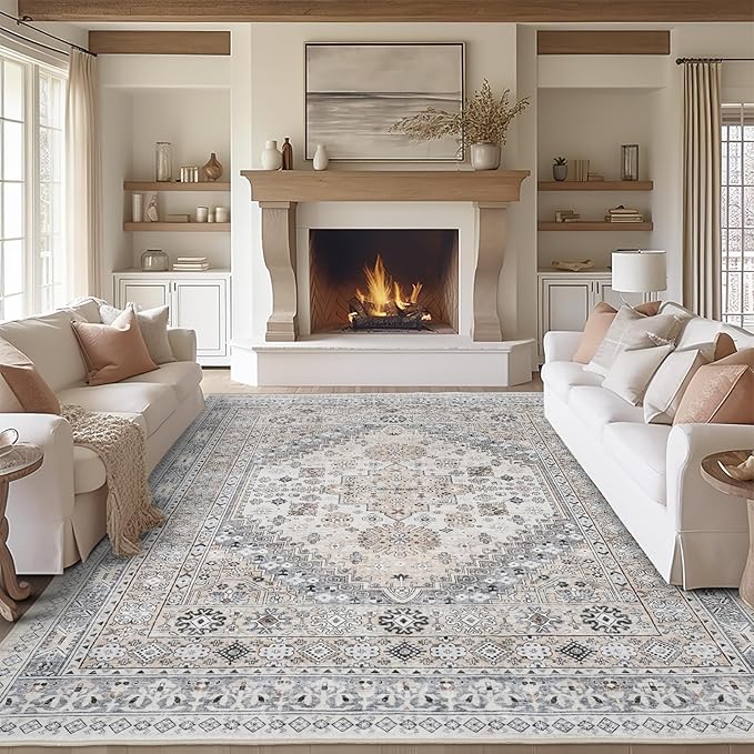 zesthome 8x10 Area Rugs for Living Room,Non-Slip Backing Washable Rugs,Vintage Large Area Rug，Stain Resistant Home Decor Rug (Beige,8'x10')