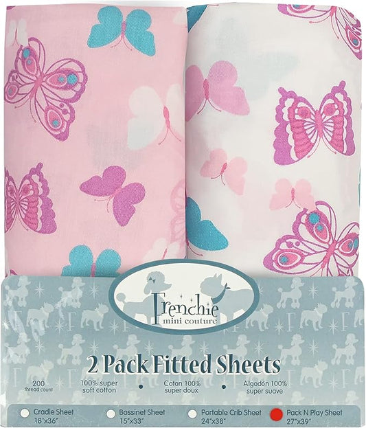 Fitted Pack n Play Sheets, 2 Pack, 100% Woven Cotton, Pack and Play Mattress Sheets, Fits Most Mini Crib & Playard, 27 x 39 x 4in, Butterfly