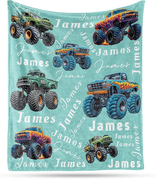 Ship Next Day, Personalized Truck Blanket - Printed in USA, Custom Name Blankets for Kids with Big Off Road Auto Vehicle Graphic, Home Bedding Decor, Fun Birthday Gift for Boys&Girls Women Man