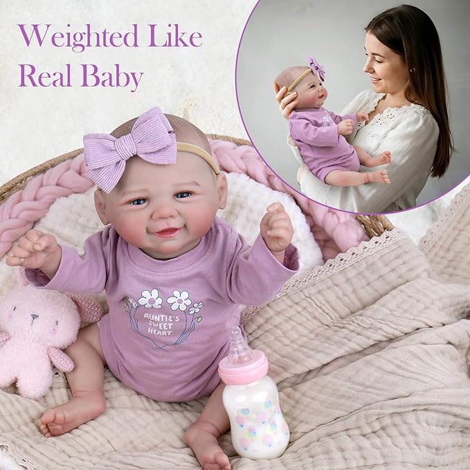 Aori Lifelike Reborn Baby Dolls - 20 Inch Realistic Smiling Girl Newborn Baby Doll with Weighted Body for Cuddling Poseable Soft Vinyl Limbs with Purple Outfit Set for Kids 3+ Role Play