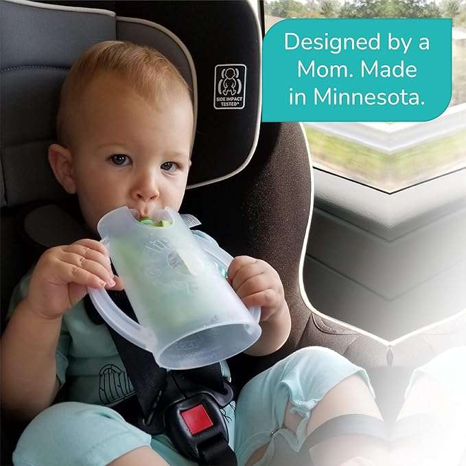 Squeeze Proof Food Pouch Holder for Toddlers, Babies, Kids, Mess Free No Squeeze Juice Box Drink Holder with Easy Grip Handles and Lid - Made in USA (Blue 3 Pack)