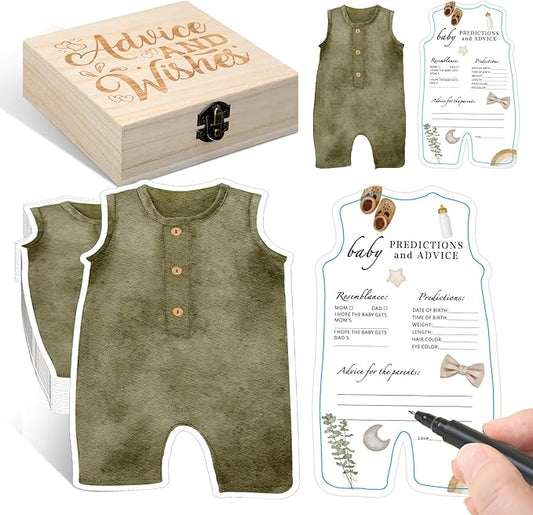 50 Pcs Double Side Green Cloth Baby Predictions & Advice Neutral Boy Cards for New Parents Baby Shower Games with Cards Wooden Keepsake Box for Wishes Decorations