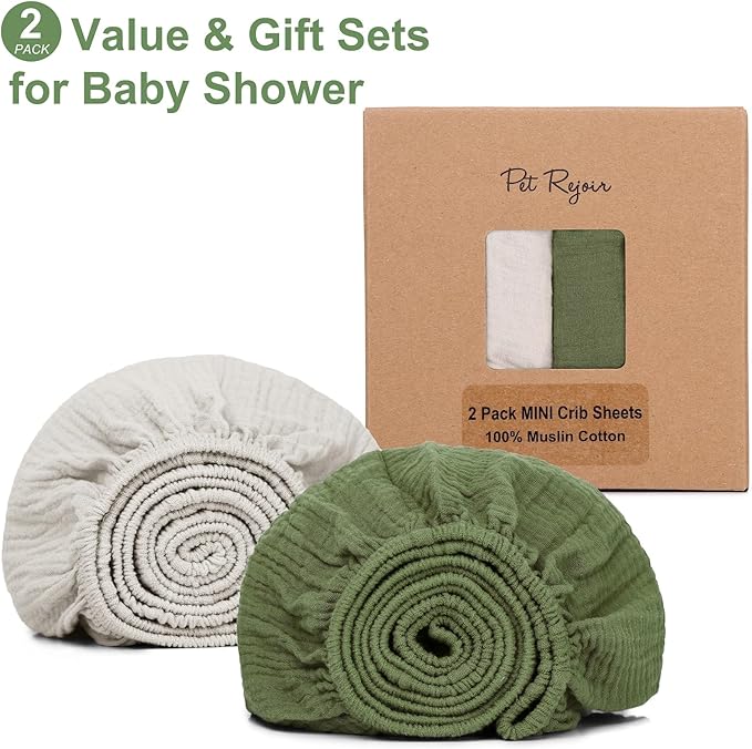 Muslin Mini Crib Sheets for Girls & Boys-2 Pack 24"x 38" Soft Baby Mattress Sheets Fitted-No Slip Neutral Toddler Cotton Bedding-Boho Nursery Décor Olive Green & Beige
