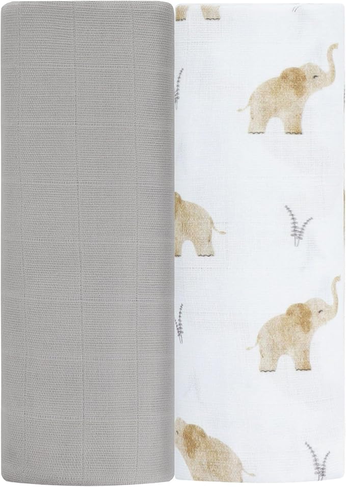 Featherhead™ 100% Cotton Muslin Swaddle Blankets for Baby Girl - Large 47”x 47” - Pre-Washed, Soft, & Breathable - Newborn Essential & Perfect Baby Registry Gift (2 Pack - Elephant)