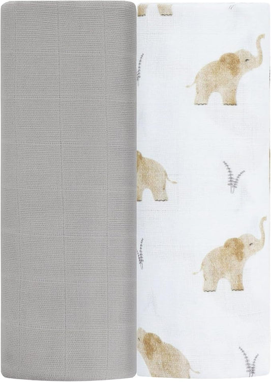 Featherhead™ 100% Cotton Muslin Swaddle Blankets for Baby Girl - Large 47”x 47” - Pre-Washed, Soft, & Breathable - Newborn Essential & Perfect Baby Registry Gift (2 Pack - Elephant)