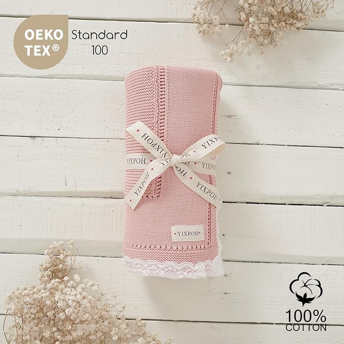 100% Organic Cotton Baby Blanket Knitted Softer Receiving Swaddle Warm Cozy Cuddle Crib Blanket for Newborns Infants Toddlers Boy and Girls Blush Pink
