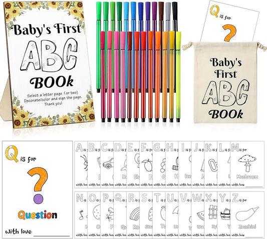 Geelin 51 Pcs Fun Baby Shower Game Activities First ABC Book Sign Coloring Game Card 26 Alphabet a to Z Coloring Card with 24 Watercolor Pen Storage Bag for Baby Shower Party(Sunflower)