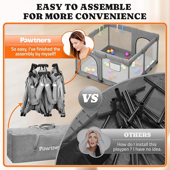 Foldable Playpen for Babies and Toddlers: 50" L x 50" W x 27" H, Large Kids Play Yard With Mat, Portable Indoor Play Area, Baby Gate With 50PCS Ocean Ball, 4 Handles